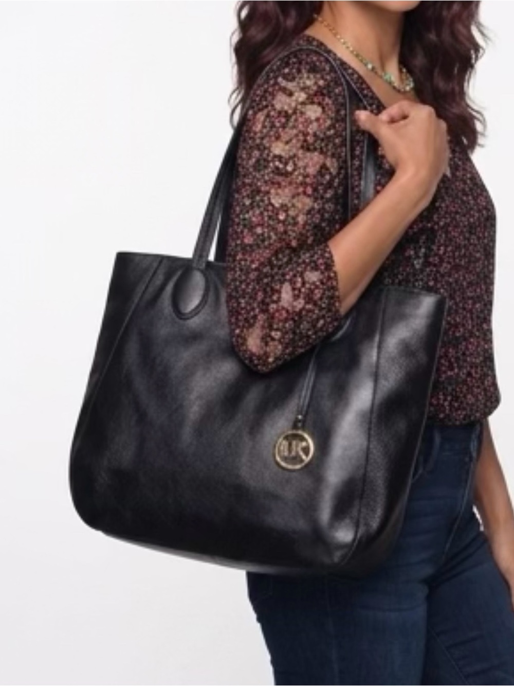 Michael Kors Black Leather Tote with Gold Logo Charm - Picture 2 of 16